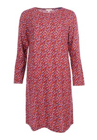 Rotes Kleid mit rundem Ausschnitt und langen Ärmeln, geschmückt mit einem bunten Muster aus verschiedenen ovalen Formen in Blau, Weiß und Orange.