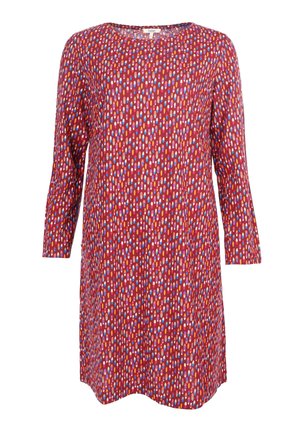 Rotes Kleid mit rundem Ausschnitt und langen Ärmeln, geschmückt mit einem bunten Muster aus verschiedenen ovalen Formen in Blau, Weiß und Orange.