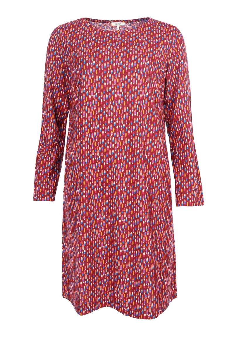 Rotes Kleid mit rundem Ausschnitt und langen Ärmeln, geschmückt mit einem bunten Muster aus verschiedenen ovalen Formen in Blau, Weiß und Orange.