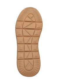 Rubberen schoenzool in tan met een gestructureerd patroon, met rechthoekige en driehoekige vormen, en een cirkelvormig embleem dat maat 37 aangeeft.