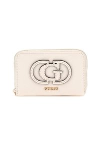 Guess wallet in light beige leather, featuring a raised dual "G" logo and gold accents; zip closure with textured surface.