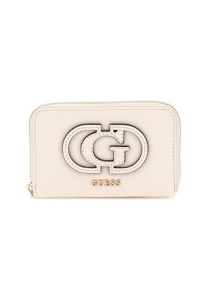 Guess wallet in light beige leather, featuring a raised dual "G" logo and gold accents; zip closure with textured surface.