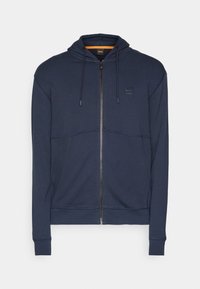 Námořnická modrá mikina s kapucí na zip, předními kapsami, nastavitelnou kapucí se stahovací šňůrkou a malou nášivkou loga BOSS na hrudi.