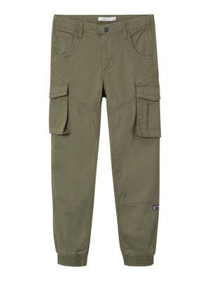 Olive green cargo pants made of durable fabric, featuring multiple side pockets, elastic cuffs, and belt loops. Smooth texture.