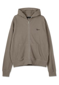 Oliven grønn ribbet hettegenser med frontlommer, hel glidelås og brodert logo på venstre bryst. Myk tekstur.