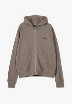 Oliwkowa, prążkowana bluza z kapturem, z kieszeniami z przodu, pełnym zamkiem błyskawicznym i haftowanym logo po lewej stronie klatki piersiowej. Miękka w dotyku.