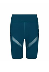 Bermudas atléticas color teal, hechas de una tela elástica, con paneles de malla en los laterales y un diseño ajustado para el deporte.