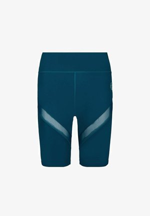Bermudas atléticas color teal, hechas de una tela elástica, con paneles de malla en los laterales y un diseño ajustado para el deporte.