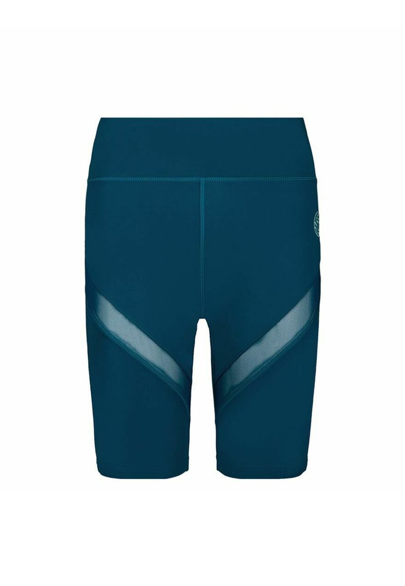 Bermudas atléticas color teal, hechas de una tela elástica, con paneles de malla en los laterales y un diseño ajustado para el deporte.