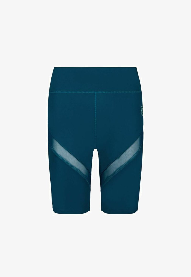 Shorts atletici turchesi realizzati in tessuto elasticizzato, con pannelli in rete sui lati e un design aderente per l'abbigliamento sportivo.