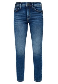 Jean slim en denim bleu avec bouton frontal, fermeture éclair et design à cinq poches, présentant un léger délavage sur les cuisses et les genoux.