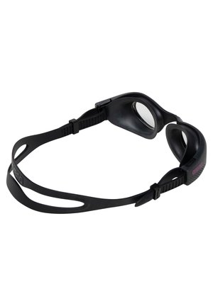 Lunettes de natation noires avec un joint en caoutchouc serré, sangle ajustable et verres transparents. Design minimaliste avec des courbes élégantes et une marque subtile.