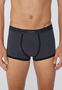Boxer ajustados de algodón gris con una cinturilla elástica negra que presenta el logo "TEZENIS", textura suave y diseño ceñido.
