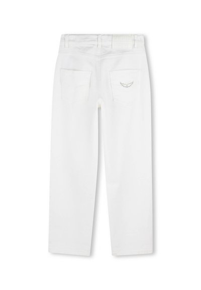 Witte denim broeken met een rechte pijp, voorzien van twee achterzakken en subtiele stikseldetails. De tailleband heeft een merklabel.