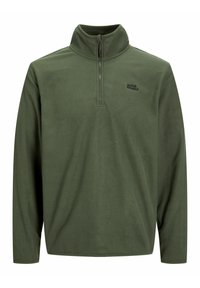Pullover in pile verde con mezza zip, colletto alto e maniche lunghe. Presenta un logo nero sul lato sinistro superiore. Texture morbida.