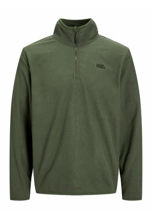 Pullover in pile verde con mezza zip, colletto alto e maniche lunghe. Presenta un logo nero sul lato sinistro superiore. Texture morbida.