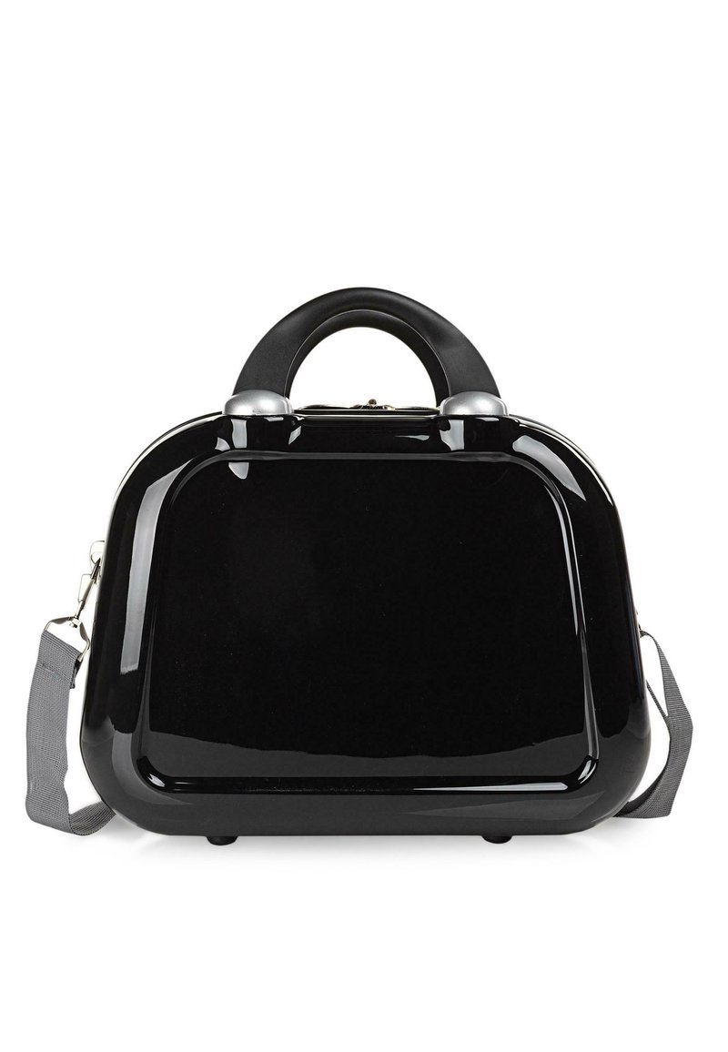 Bolso de mano negro brillante con parte superior redondeada, asas resistentes, apliques de hardware plateado y correa de hombro gris desmontable. Textura suave.