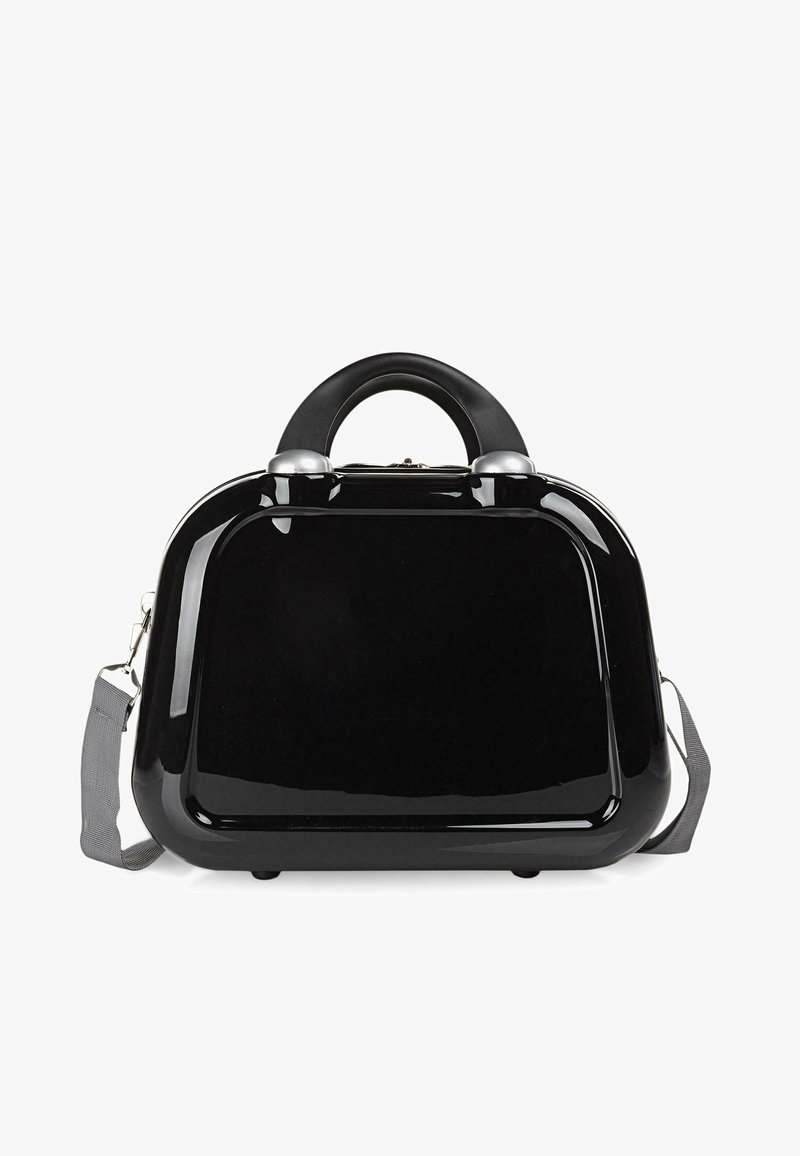 Bolso de mano negro brillante con parte superior redondeada, asas resistentes, apliques de hardware plateado y correa de hombro gris desmontable. Textura suave.