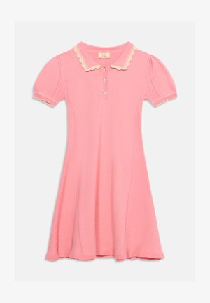 Roze jurk met korte mouwen en gezoomde kraag in crème, knopenlijst met drie parelknopen en uitlopende rok.