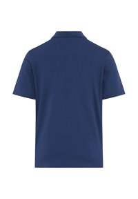 Marineblaues Polohemd mit kurzen Ärmeln, klassischem Kragen und glatter Textur. Verfügt über einfache, klare Linien und hat keine sichtbaren Verzierungen.