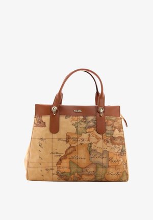 Sac à main à poignée en cuir marron avec impression de carte vintage présentant des parties de l'Europe, de l'Afrique du Nord et de la Méditerranée.