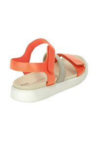 Orange leather sandal with gray textile straps, open back design, and a white rubber sole. Velcro closure for adjustable fit.