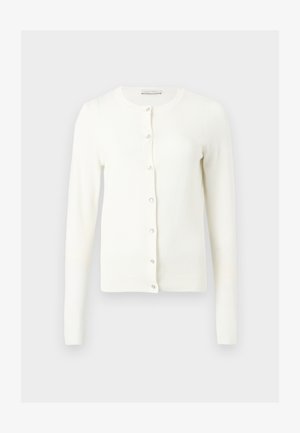 Cardigan blanc à manches longues avec encolure ronde et sept boutons devant, présenté à plat sur un fond gris clair.