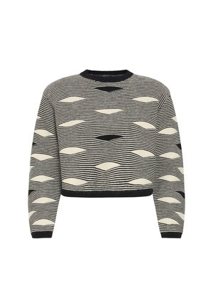 Maglione a maniche lunghe a righe bianche e nere con motivi astratti ovali traforati e scollo rotondo.