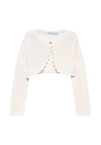 Cardigan bianco corto con maniche lunghe, texture a coste, bordi ondulati e piccoli dettagli a forma di cuore. Chiusura con un bottone centrale.