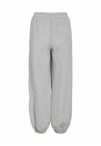 Graue Jogginghosen aus weichem Stoff, mit einem elastischen Bund und elastischen Bündchen an den Knöcheln, die über eine lockere Passform verfügen.
