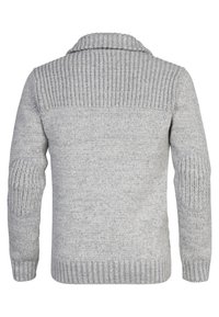 Pulover tricotat de culoare gri deschis, cu guler rib colorat, petice pe coate și modele texturate pe corp. Are manșete și tiv ajustat.