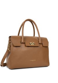 Borsa a tracolla in pelle marrone con un design strutturato, dettagli in metallo dorato, manici superiori e tracolla removibile. Texture liscia e particolare logo.