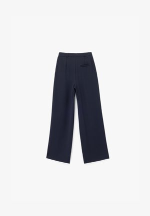 Navy wijde broek gemaakt van een gladde stof. Heeft een tailleband, een platte voorkant en een achterzak, met een schoon, minimalistisch ontwerp.