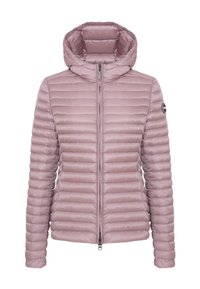 Light pink puffer jacket with a hood, featuring horizontal quilted design, front zipper, and a logo patch on the left sleeve.