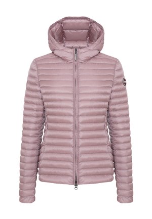 Lichtroze gewatteerd jack met capuchon, voorzien van een horizontaal doorgestikt patroon, een ritssluiting aan de voorkant en een logopatch op de linkermouw.