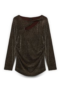 Długi top z długim rękawem w bronzowym odcieniu z połyskiem, zdobiony marszczeniami, z wycięciem przy dekolcie i miękkim, teksturowanym wykończeniem.
