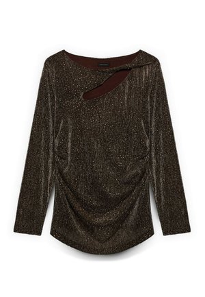 Bronzen glanzende top met lange mouwen en gedrapeerde details, met een uitsnijding bij de halslijn en een zachte, getextureerde afwerking.