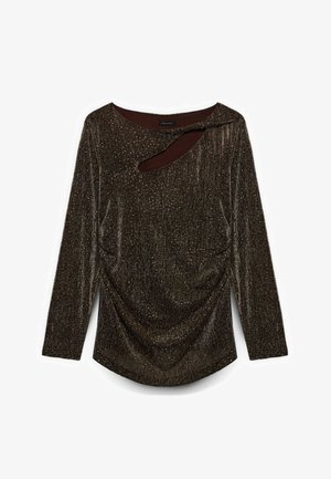 Długi top z długim rękawem w bronzowym odcieniu z połyskiem, zdobiony marszczeniami, z wycięciem przy dekolcie i miękkim, teksturowanym wykończeniem.