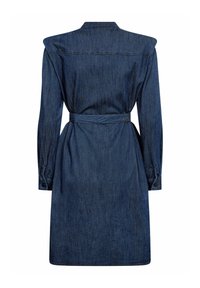 Sötétkék farmerruha övvel a derékrésznél, hosszú ujjú és galléros nyakkivágással. Simás tapintású, enyhén strukturált sziluettel.