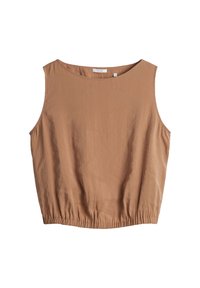 Top senza maniche marrone chiaro, realizzato in tessuto morbido. Presenta un collo rotondo e un orlo elastico arricciato per una vestibilità comoda.