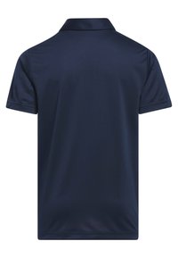 Granatowa koszulka polo o miękkiej fakturze, z kołnierzykiem i krótkimi rękawami. Prosty design bez widocznych wzorów czy akcentów.