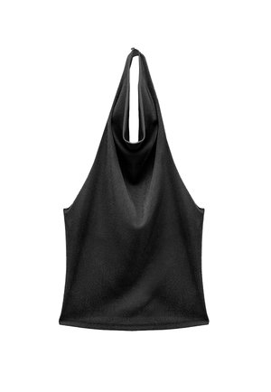 Haut noir sans manches à col halter drapé, fabriqué en tissu doux, présenté sur fond blanc.