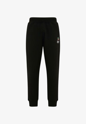 Schwarze Baumwoll-Sweatpants mit einem engen Bund und Bündchen. Merkmale ein gesticktes Logo am linken Oberschenkel. Glatte Textur, minimalistisches Design.