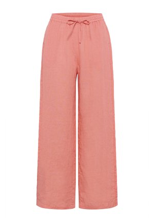 Lichtroze linnen broek met een wijdbenig ontwerp, voorzien van een elastische tailleband en verstelbare trekkoord voor een comfortabele pasvorm.