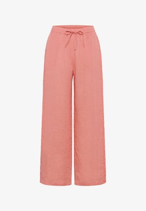 Svijetloružičaste lanene hlače širokog kroja, s elastičnom gumom u struku i podesivom vezicom za udoban fit.