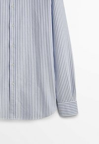 Langärmliges Hemd aus Baumwolle mit blauen und weißen Streifen. Es verfügt über eine durchgehende Knopfleiste und einen abgerundeten Saum mit geknöpften Manschetten.