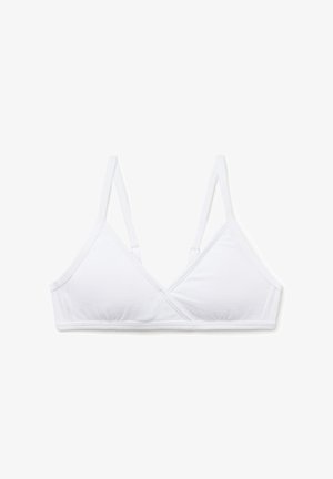 Witte katoenen bralette met een zachte textuur, driehoekige cups, verstelbare dunne bandjes en een kruisontwerp aan de voorkant.