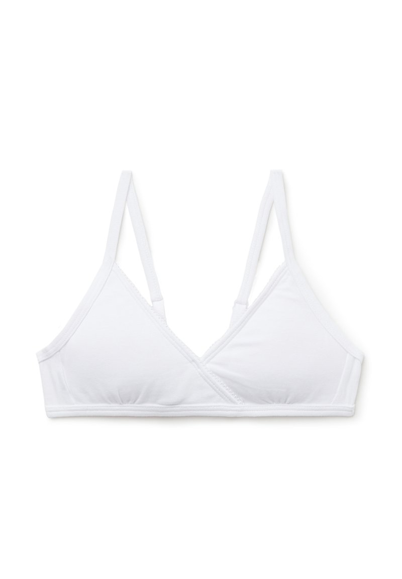 Bílý bavlněný bralet s jemnou texturou, trojúhelníkovými košíčky, nastavitelnými tenkými ramínky a překříženým designem vpředu.