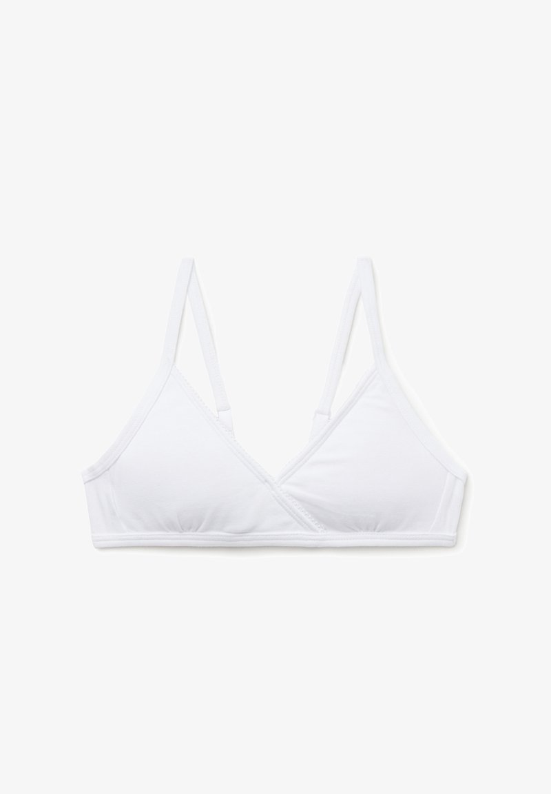 Bralette bianco in cotone con una texture morbida, coppe triangolari, spalline sottili regolabili e design incrociato sul davanti.