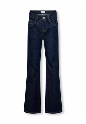 Donkerblauwe flare jeans van denim, met een middelhoge taille, een vijf-pocket ontwerp en contrasterende gele stiksels langs de naden.